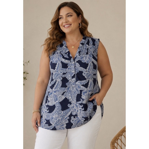 Talbots Tops - Talbots Navy and White Sleeveless Paisley V-Neck Blouse